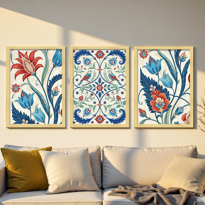Framed Art Print Set of 3 Floral and Birds Turkish and Islamic Wall Art Prints Madhubani Inspired Indian Prints 30x41 cm