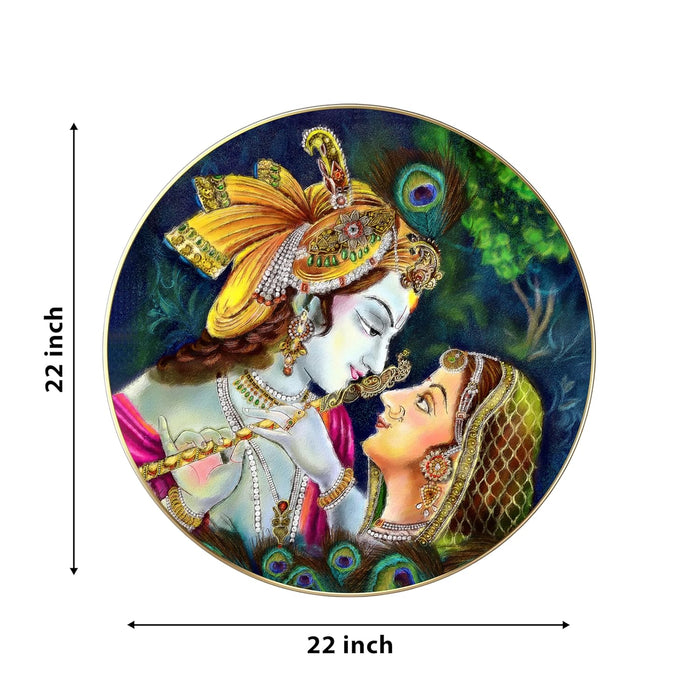 Radha Krishna Pichwai Art, Metal Finish Round Vinyl Golden, Sparkle Laminated Slim Framed Large Size Wall Art Painting For Home Decor(22x22 Inch)