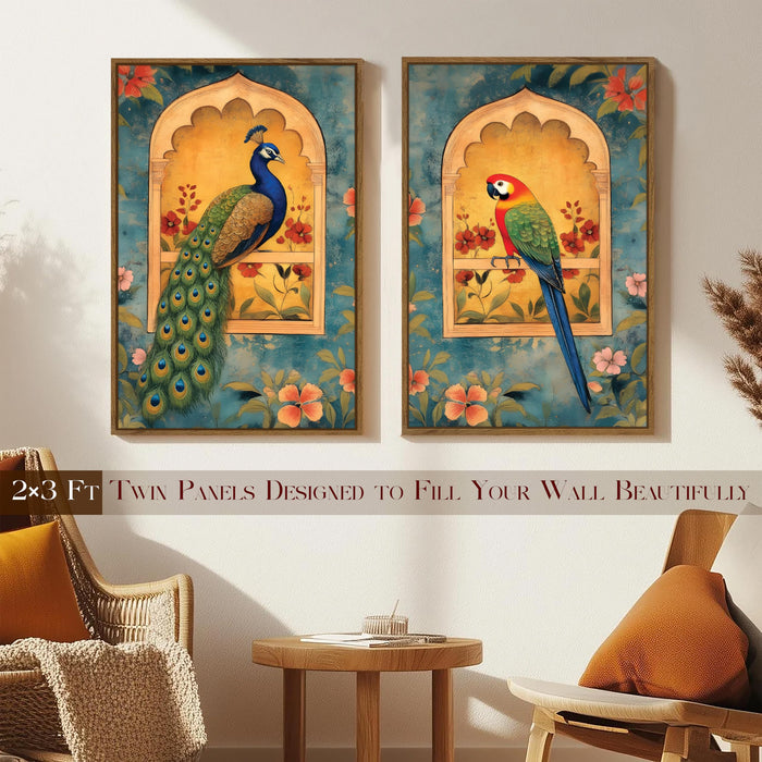 Mughal Parrot and Peacock flower Jharokha Canvas Painting Indian Large Wall Art Painting for Living Room Decoration, Stylish Large Wall Art Print for Wall Decor (Set of 2, 58x89 cm)