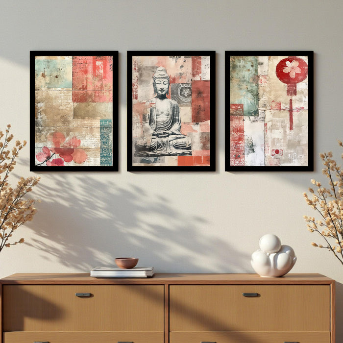 Abstract Buddha A3 Framed Painting for Living Room With Frame, Abstract Religious Floral Framed Vastu Paintings for Home Decor Bedroom Hallways Office Hotel Set of 3, Size 33x45 cm
