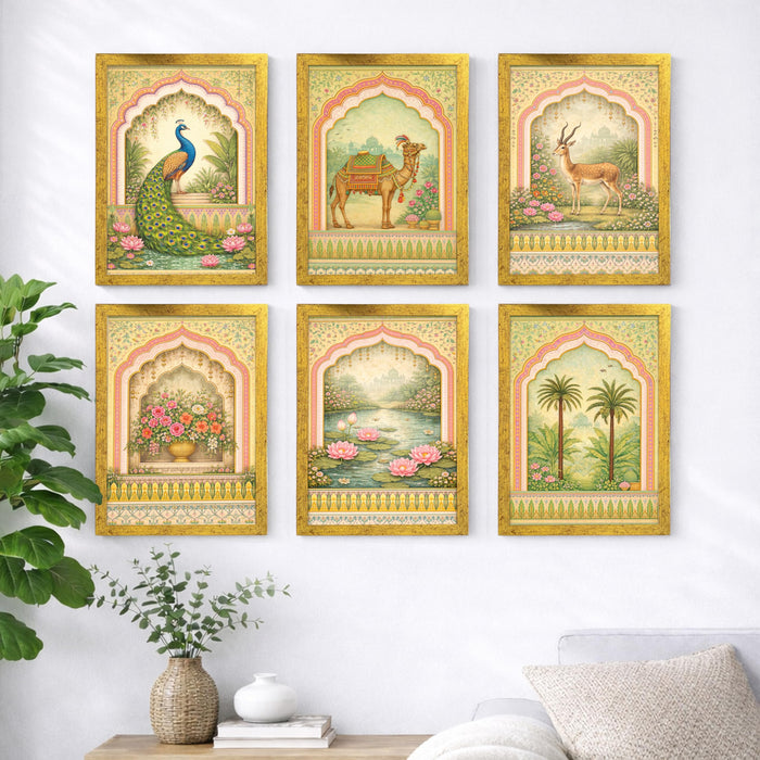 Mughal Garden Painting With Frame for living room, royal Indian Miniature Framed Wall Art Painting for Home Decor Set of 6, Size 9.5 by 12.5 Inch