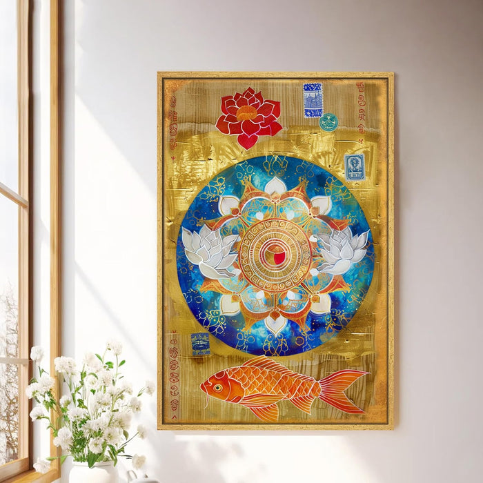 Abstract Mandala Art of Lotus and Koi Fish Multicolor Wall Art on Stretched Canvas – Frameless Unframed Gallery Wrap Canvas Wall Art 22x34 Inch