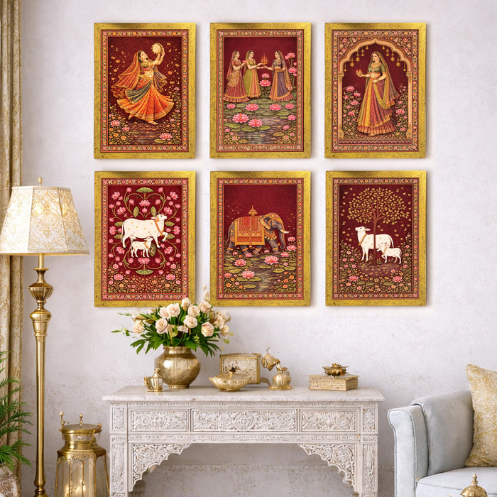 Madhubani Pichwai Painting With Frame for living room, Flower Framed Wall Art Painting for Home Decor Set of 6, Size 9.5 by 12.5 Inch