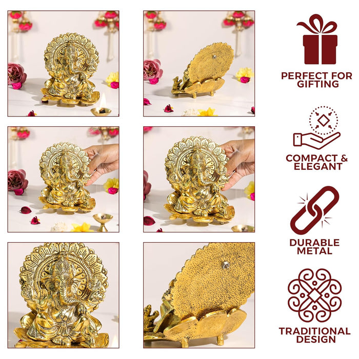 Metal Ganesha Sitting Idol on Lotus Traditional Ganesha Brass Finished Idol Diwali Decoration, Brass Finished, Handcrafted Design 14x16 cm