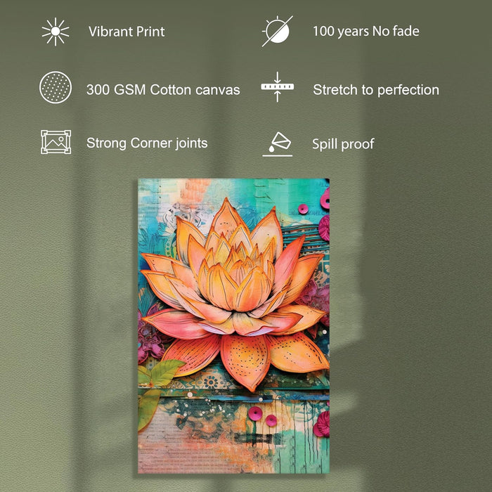 Abstract Multicolor Digital Art of Lotus Flower Stretched Canvas Painting with Frame – Wall Art – Framed Canvas Wall Décor (23x35 Inch)