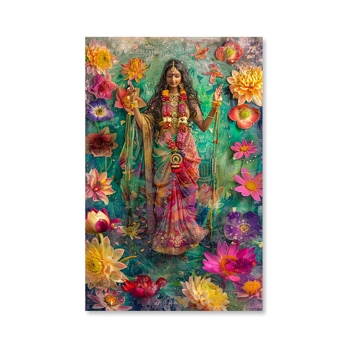 Large Stretched Canvas Painting, Panel Wall Art Print Indian Goddess Framed Luxury Paintings for Home Décor (Light Green, 22x34 Inch)