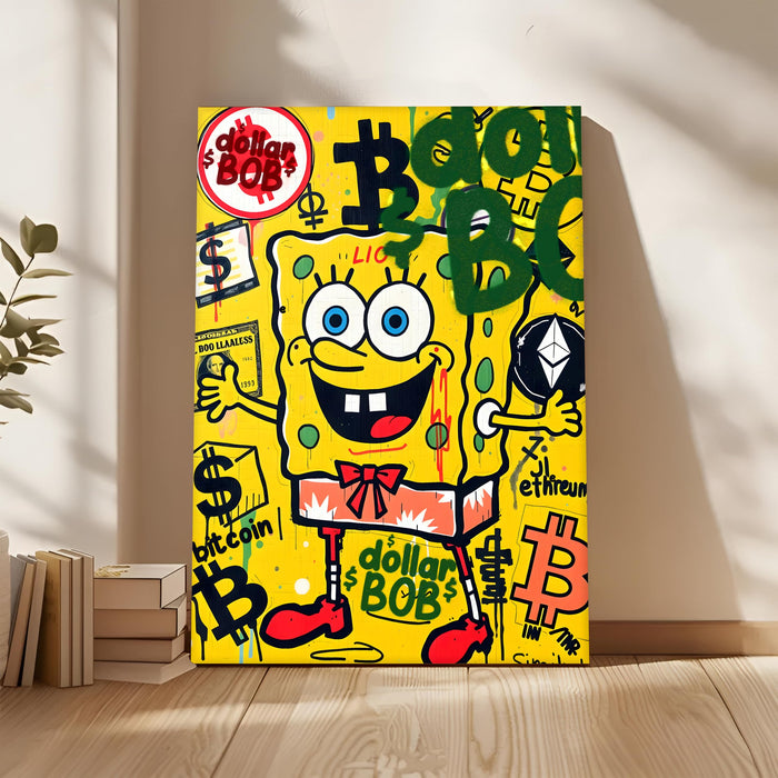 Cartoon Pop Art Stretched Canvas Painting Print| Money & Digital Currency Graffiti Wall Art | Modern Street Art for Home & Office, 56x86 cm