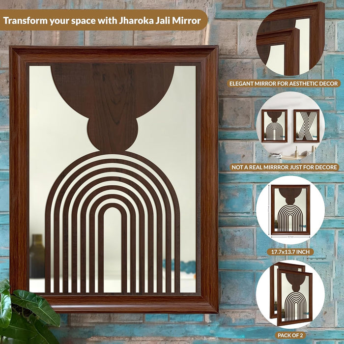 Decorative Acrylic Mirrors with Geometric Abstract Design MDF Jali Set of 2 | Two Brown Jharokha Wooden Wall Mirror Panel (18 x14 Inch)