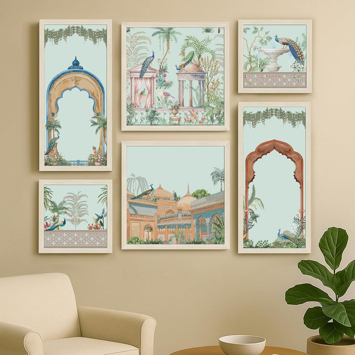 Framed Wall Art Print Pack of 6 Framed Wall Decoration Art Prints Traditional Indian Mughal Garden 24x48, 34x34 and 24x24 cm