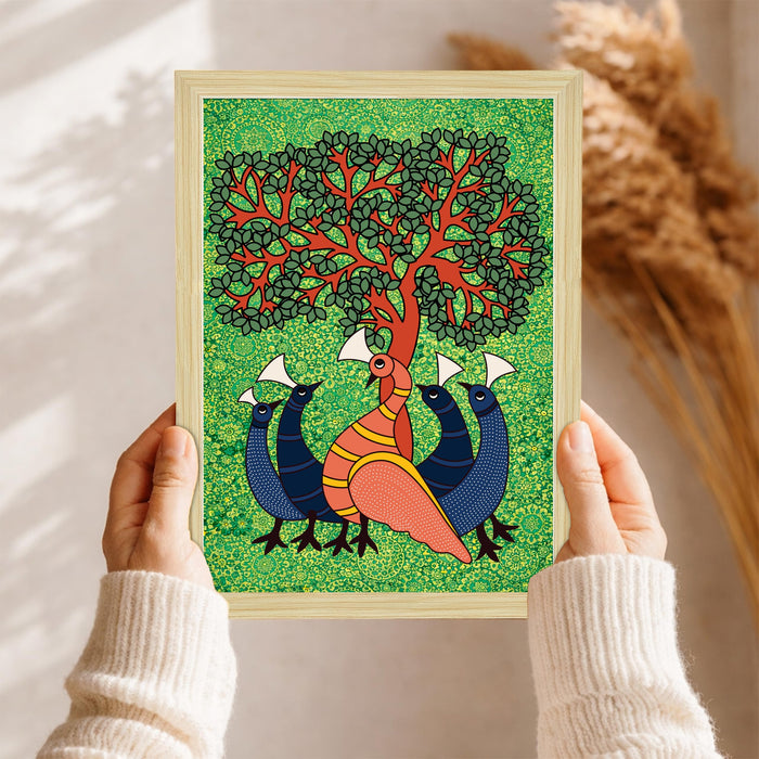 Gond tribal Art Painting With Frame for living room, Traditional Indian Folk Framed Wall Art Painting for Home Decor Set of 6, Size 9.5 by 12.5 Inch