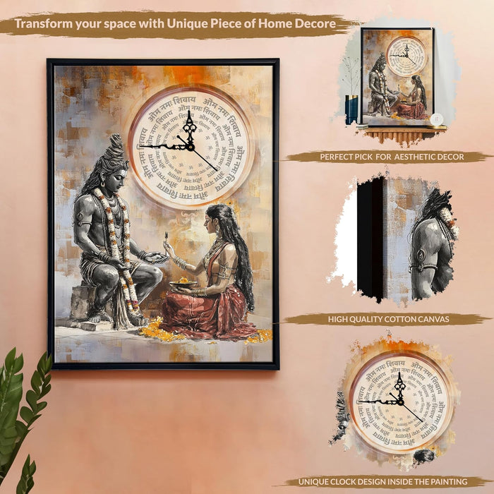 Hindu Religious Portrait Abstract Divine Multicolor Framed Canvas wall art With Clock | Painting with clock. 43x58 cm