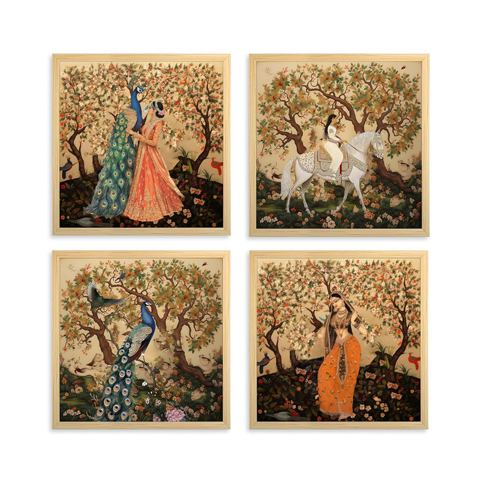 Madhubani Art Print, Women in Floral Garden (13.5x13.5 Inch, Pack of 4)