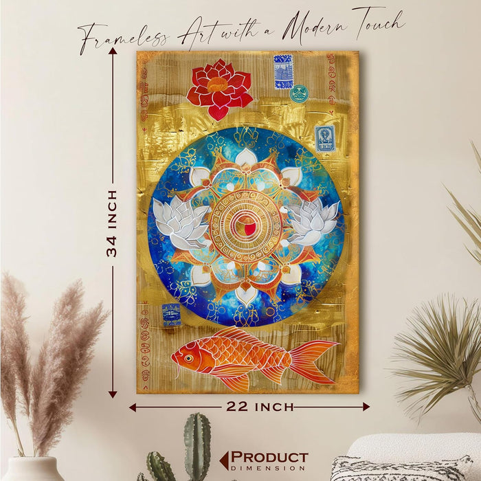 Abstract Mandala Art of Lotus and Koi Fish Multicolor Wall Art on Stretched Canvas – Frameless Unframed Gallery Wrap Canvas Wall Art 22x34 Inch