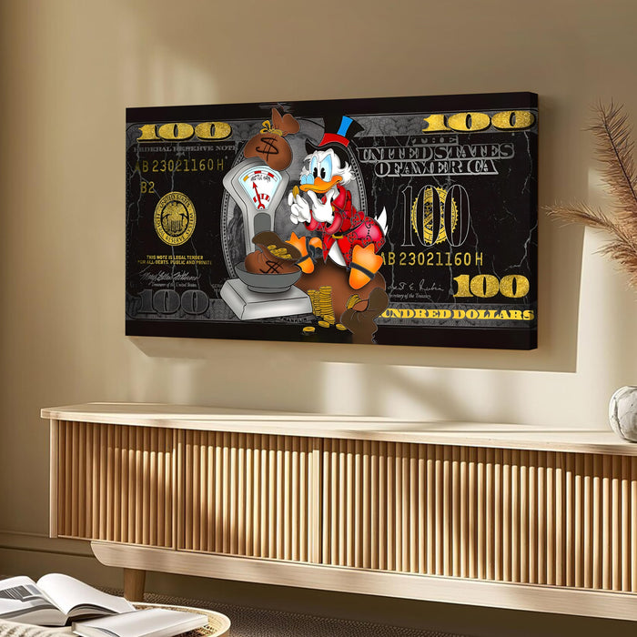 Luxury Scrooge McDuck Stretched Canvas Wall Art – Modern Pop Art 100 Dollar Bill Money Background – Motivational Wealth Art for Office & Home Decor – Wrapped Gallery Canvas, 22x46 Inch