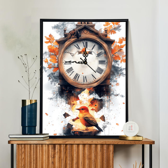 Portrait Abstract Cuckoo clock with bird Multicolor Framed Canvas wall art With Clock | Painting with clock, 43x58 cm