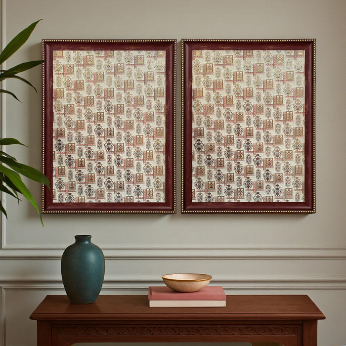 Pack of 2 Indian Pichwai Madhubani Maroon Framed Art-Print Wall Art Set Antique Nature Traditional Wall Décor Glitter Gold Foil Art Prints For Living Room, Bedroom, Office 35x45 cm