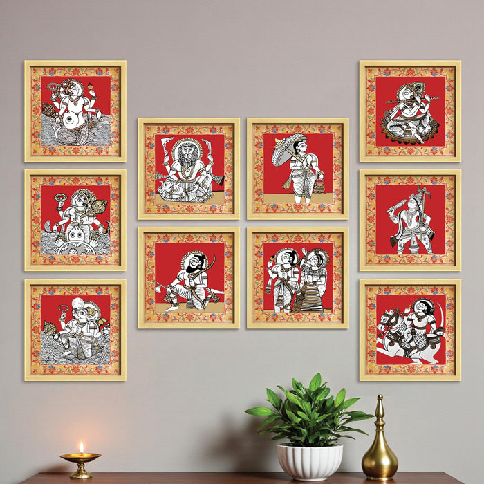 Dashavatar Wall Art Paintings With Frame For Living Room | 10 Avatars of Lord Vishnu Framed Paintings | Sacred Hindu Spiritual Wall Decor Poster for Home, Pooja Room, Gifting, Set of 10, Size 24x24 cm
