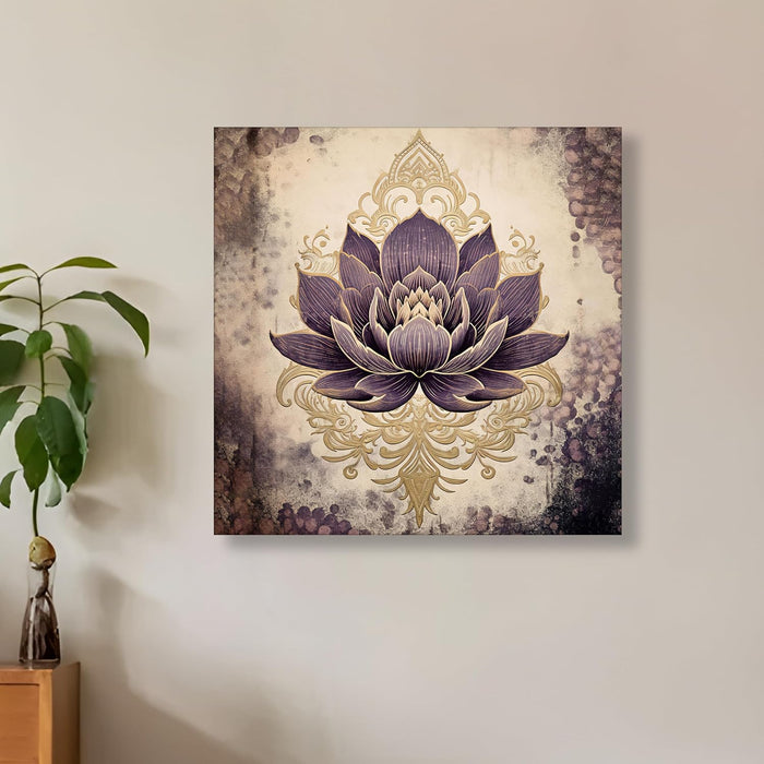 Multicolor Abstract Canvas Purple Lotus Indian Folk Wall Art Painting – Beige Purple Gold Gallery Wrap Canvas Wall Décor.