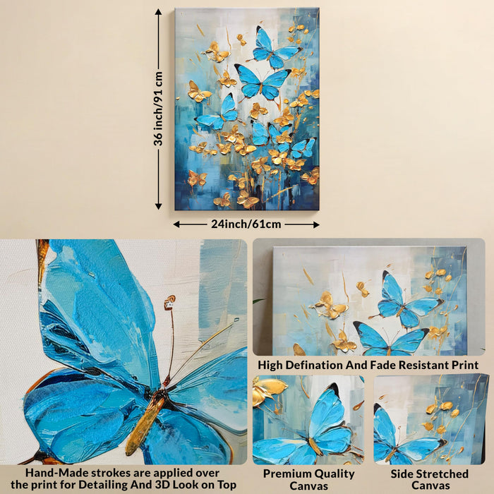 Stretched Canvas Blue and Golden Butterfly 3D Abstract Painting Abstract Vastu Hand Painted Canvas Painting Paintings for Art 3D Textured Butterfly Modern 61x91 cm
