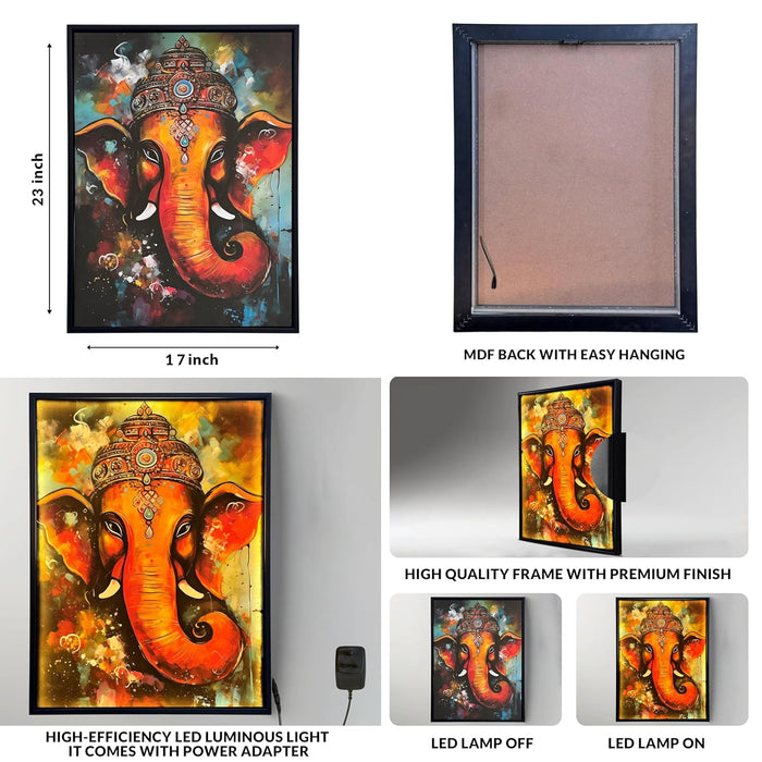 Framed Canvas Art Print with LED Light Decorative Wall Decor Canvas Wall Painting Ganesha Abstract Art 43x58 cm