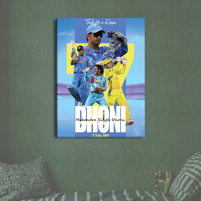 MS Dhoni Chennai Super Kings Cricket Fan Stretch Canvas Painting Poster Wall Art Decor, The Legend Thala 7, Ideal Gift for IPL & Indian Cricket Team, Bedroom, Office & Home Decoration, 16 x 22 Inch