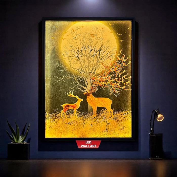 Framed Canvas Art Print with LED Light Decorative Canvas Wall Art, Deers in Front of the Moon Painting with LED Wall Decor 43x58 cm