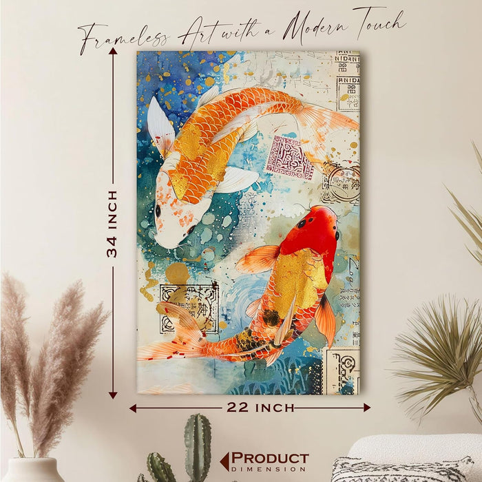Abstract Traditional Koi Fish Multicolor Painting on Stretched Canvas – Frameless Unframed Gallery Wrap Canvas Wall Art 22x34 Inch