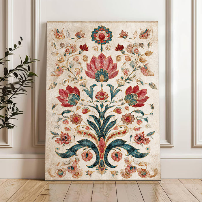 Mughal Flower Motif Miniature Wall Painting | Stretched Canvas Flower Wall Painting for Living Room, Bedroom, Home and Office Wall Décor (41x56 cm)