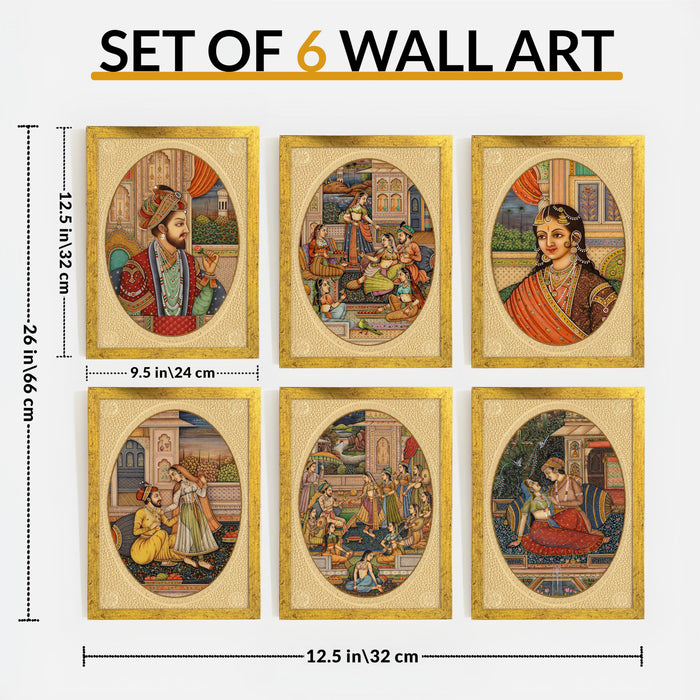Mughal Miniature Painting With Frame for living room, Rajasthani Emperor Framed Wall Art Painting for Home Decor Set of 6, Size 9.5 by 12.5 Inch