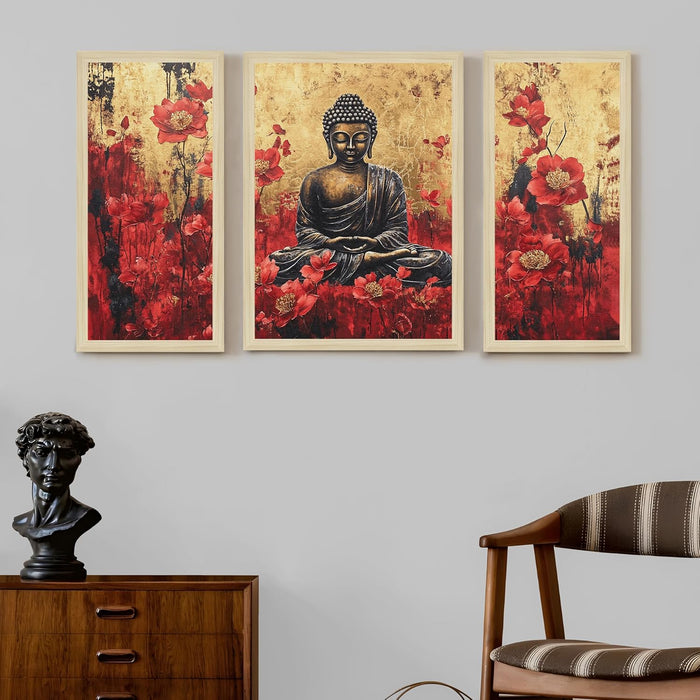 Buddha Floral Abstract Framed Wall Art Painting Home Décor Pack Of 3 | Digital Scenery Painting with Frame, Office Set Of 3, 22x46 cm, 33x44 cm