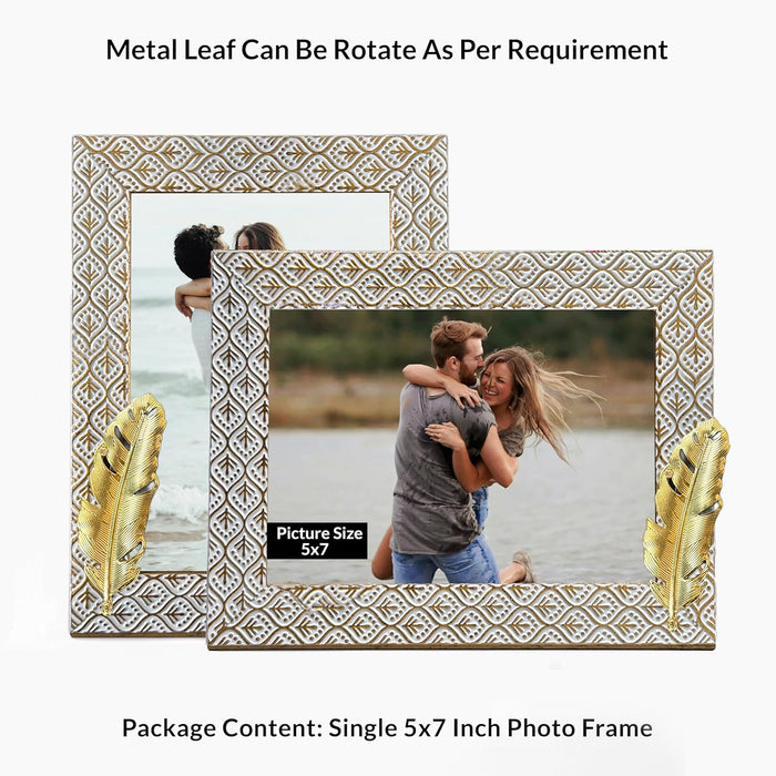 Photo Frame with Golden Metalic Leaf, White (5x7 Inch), Wooden Tabletop Photoframe.