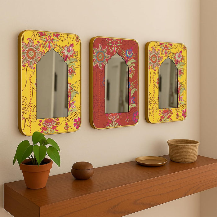 Decorative Jharokha Acrylic Mirror Set of 3 Blue Yellow and Green Floral Pattern Printed Gold Metal Finish Décor Mirror (8.2x12.2 Inches)