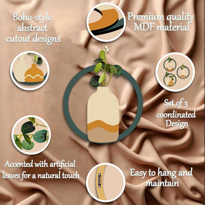 MDF Boho Wall Decor Round Vase Hanging with Artificial Plant Leaf Pack of 3 Wooden Circular Wall Decoration 20x20 cm