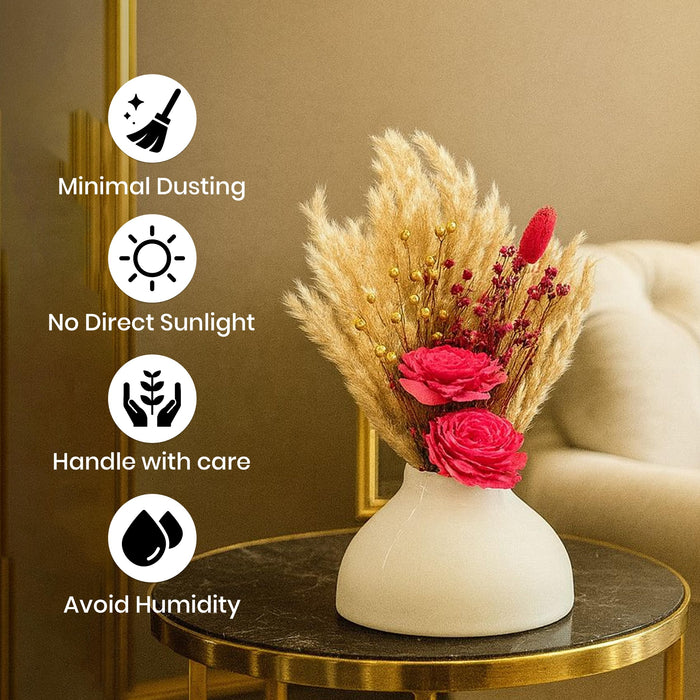 Art Sreet White Ceramic Decorative Vase with Pampas Grass & Red Wood Flowers | Minimalist Table Decor | Aesthetic Home Decoration for Living Room, Bedroom, Entryway | Dried Flower Arrangement Set