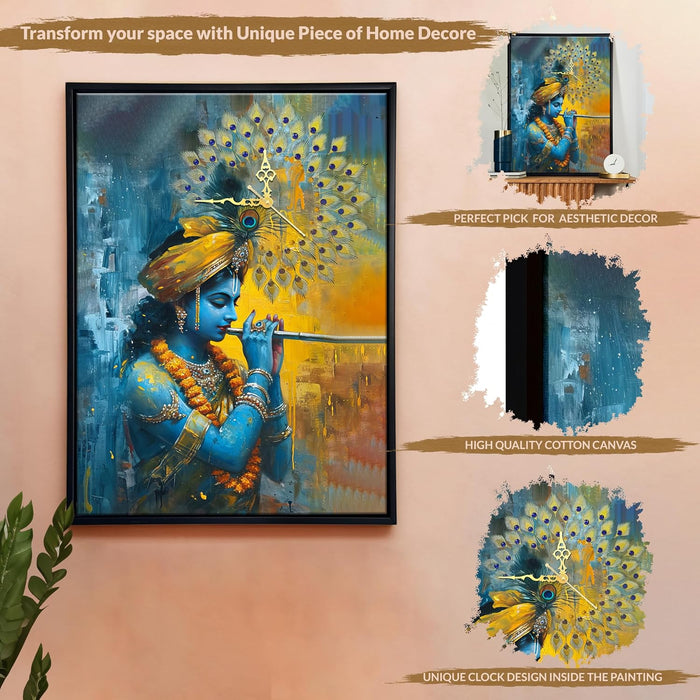 Hindu Religious Portrait Abstract Divine Multicolor Framed Canvas wall art With Clock | Painting with clock. 43x58 cm