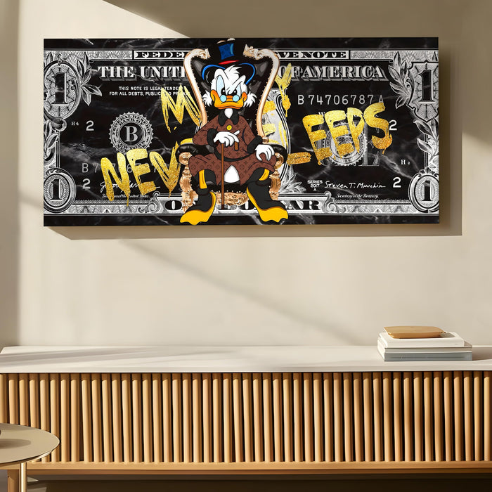 Money Never Sleeps Graffiti Stretched Canvas Wall Art | Luxury Dollar Pop Art Modern Wall Painting for Living Room, Office & Studio Décor, 22x46 Inch