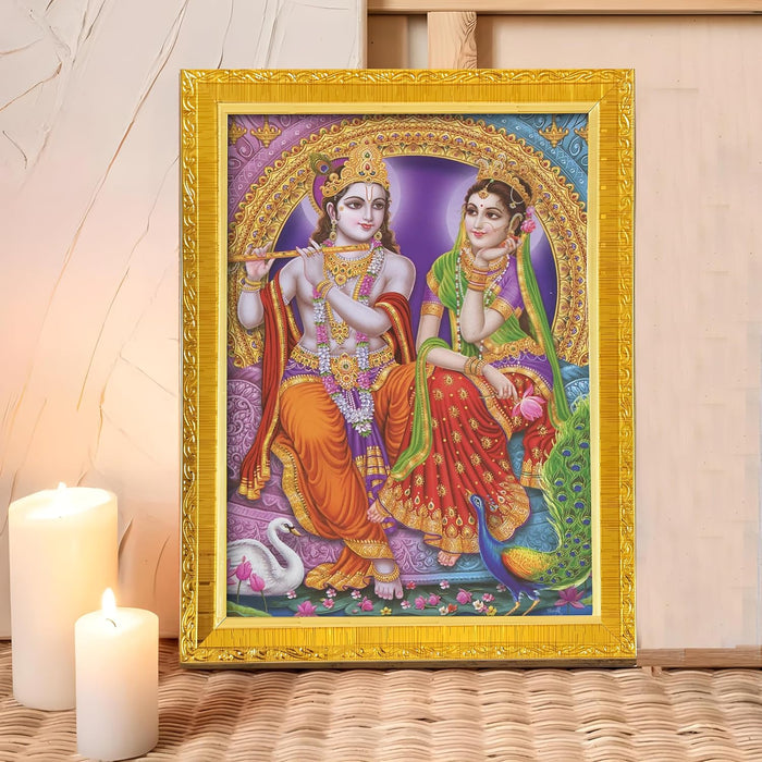 Divine Sri Radha and Krishna Purple Religious Golden Photo Frame Stand able and Wall Hanging (15x20 cm)