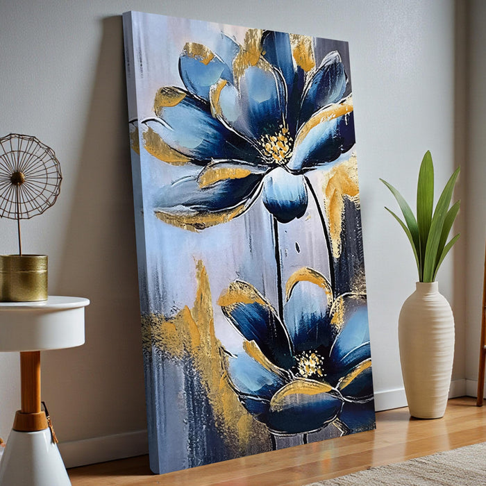 Stretched Canvas Abstract Blue and Gold Flower Paintings Abstract 3d Paintings for Office Hand Painted Canvas Art 3D Textured Floral Wall Painting Modern Aesthetic Home Decor 61x91 cm