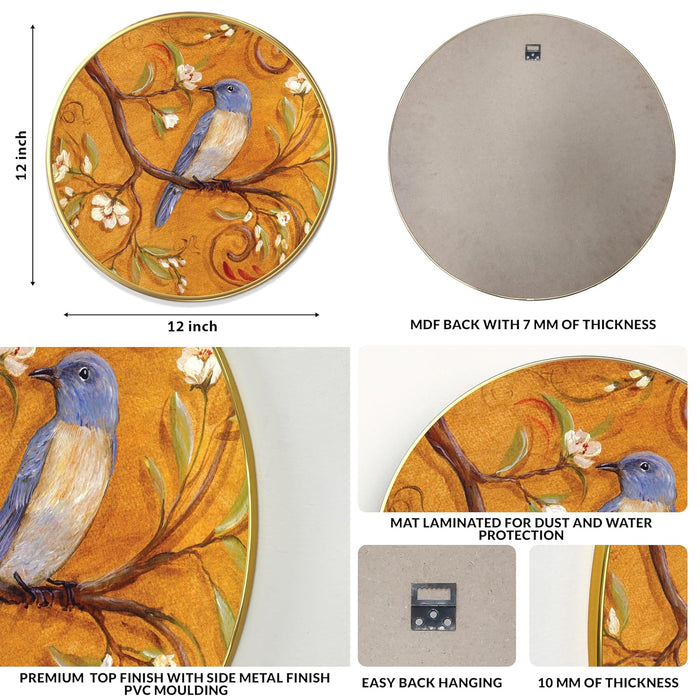 Purple & Orange Flowers Round Wall Art Painting for Living Room Decoration, Circular Gold Metal Finish Stylish Large Wall Art Print (12x12 Inches)