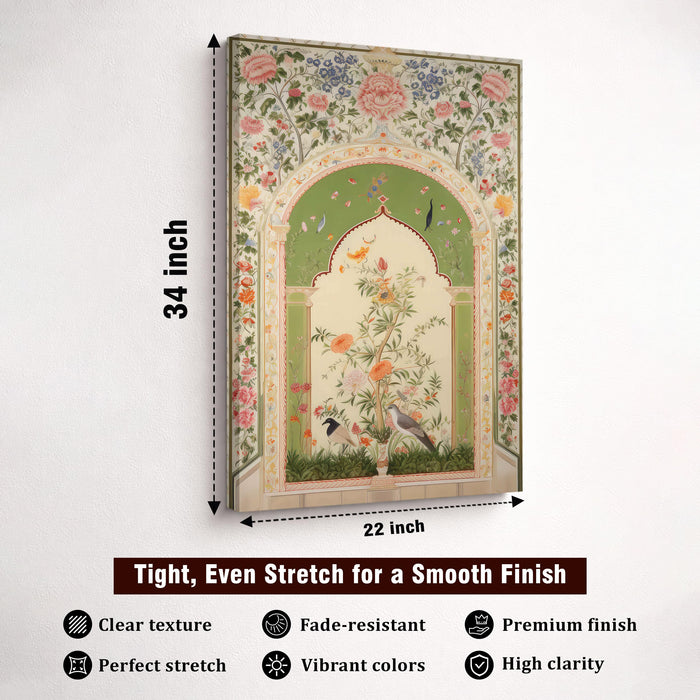 Mughal Floral Stretched Canvas Painting For Living Room | Madhubani Garden Stretched Canvas Wall Art For Livingroom Home Decor, Bedroom, Hallway's, Office, Hotel - 56x86 cm