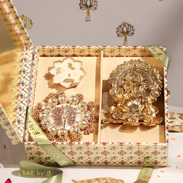 Diwali Gift Hamper Laxmi Ganesh Idol and Laxmi Charan with Urli Diya, Friends and Relatives (Pack of 3)