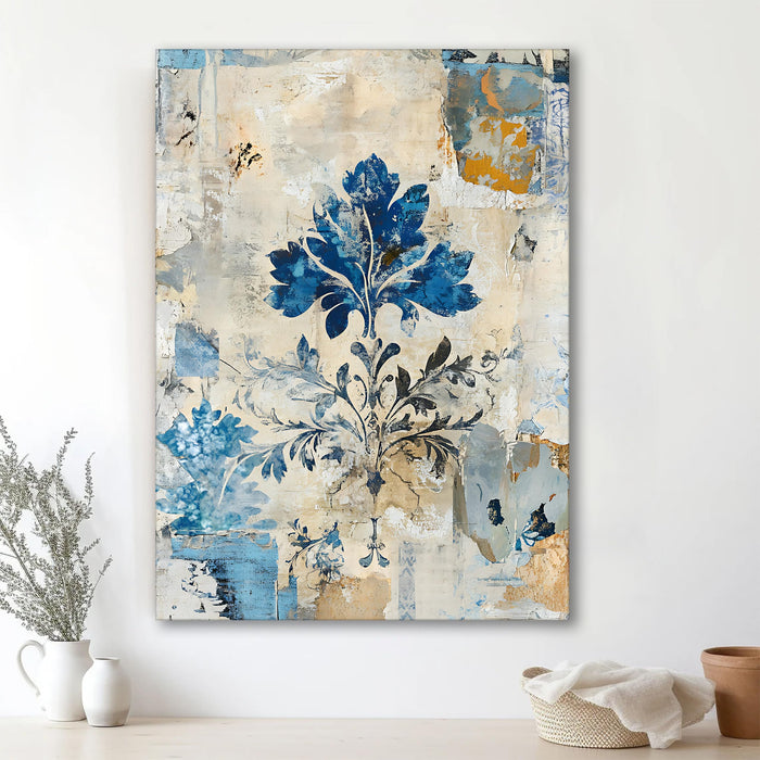 Abstract Watercolor Floral Art in Blue, Beige, and Orange | Digital Painting On Canvas Stretched on Wood (16x22 Inch)