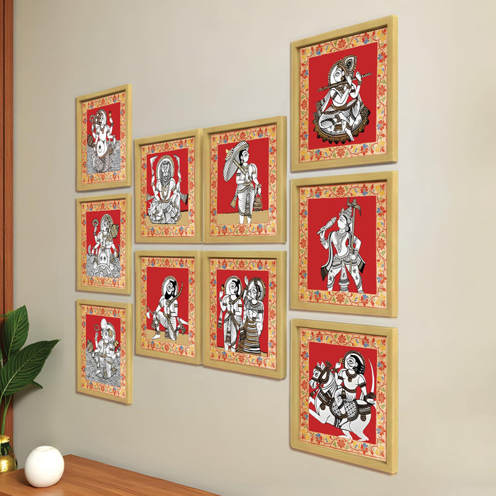 Dashavatar Wall Art Paintings With Frame For Living Room | 10 Avatars of Lord Vishnu Framed Paintings | Sacred Hindu Spiritual Wall Decor Poster for Home, Pooja Room, Gifting, Set of 10, Size 24x24 cm