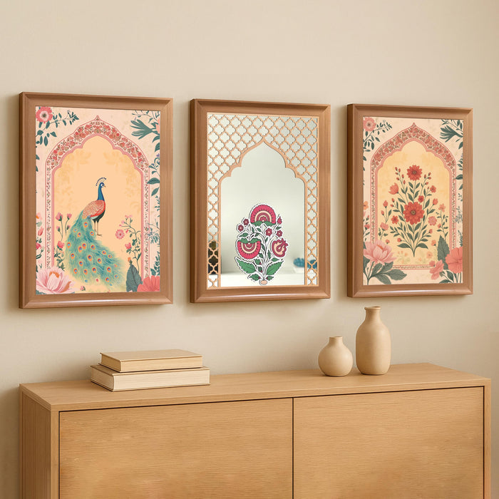 Framed Madhubani Floral Wall Art and Decorative Mirror Set | A3 Indian Paintings | 12x16 Art Prints with Jharoka Mirror Decor | 35x45 cm
