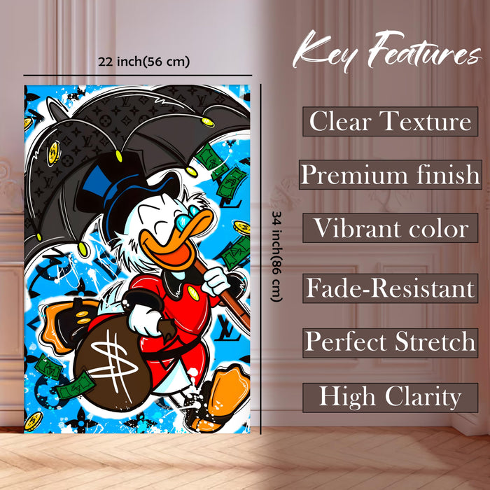 Luxury Cartoon Duck Pop Art Stretched Canvas Painting Print | Money & Success Theme Street Art Wall Décor | Modern Graffiti Style Artwork for Home & Office, 56x86 cm