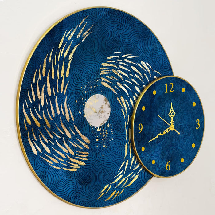 Nordic Moon Fish Round Wall Painting with Clock for Home, Clock with Painting Circular Gold Metal Finish Stylish Large Wall Art Print (28x22 Inches)