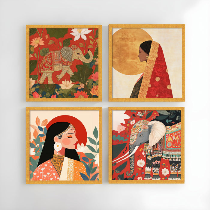 Indian Ethnic Wall Art Set of 4 | Royal Elephant & Traditional Woman Paintings | Premium Wall Décor for Living Room, Home & Office, (13.2x 13.2 inch)