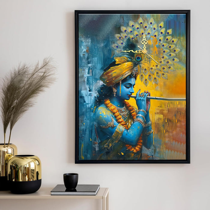 Hindu Religious Portrait Abstract Divine Multicolor Framed Canvas wall art With Clock | Painting with clock. 43x58 cm