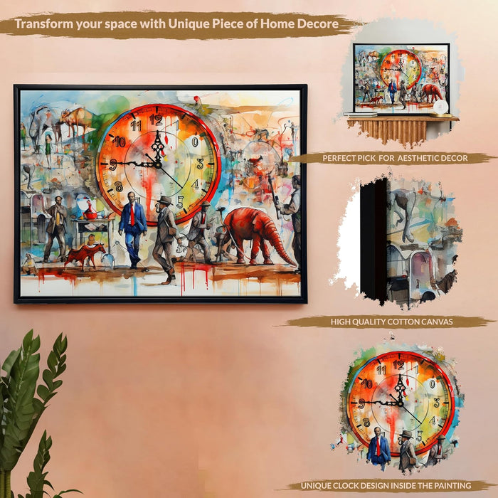 Landscape abtract water color Multicolor Framed Canvas wall art With Clock | Painting with clock, 43x58 cm