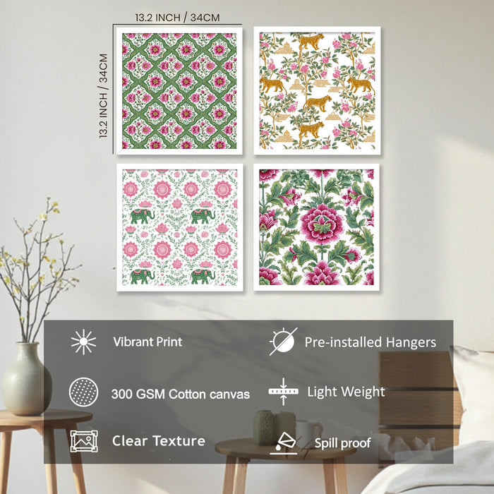 Pichwai Floral Wall Art Prints—Madhubani Wall Art Botanical Framed Wall Decor for Living Room, Bedroom & Home, (set of 4) (13.2x 13.2 inch)